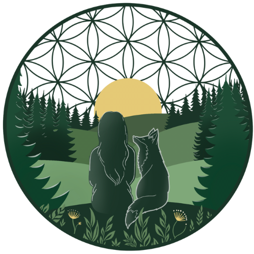 Logo mit Mensch, Fuchs, Wald und Sonne
